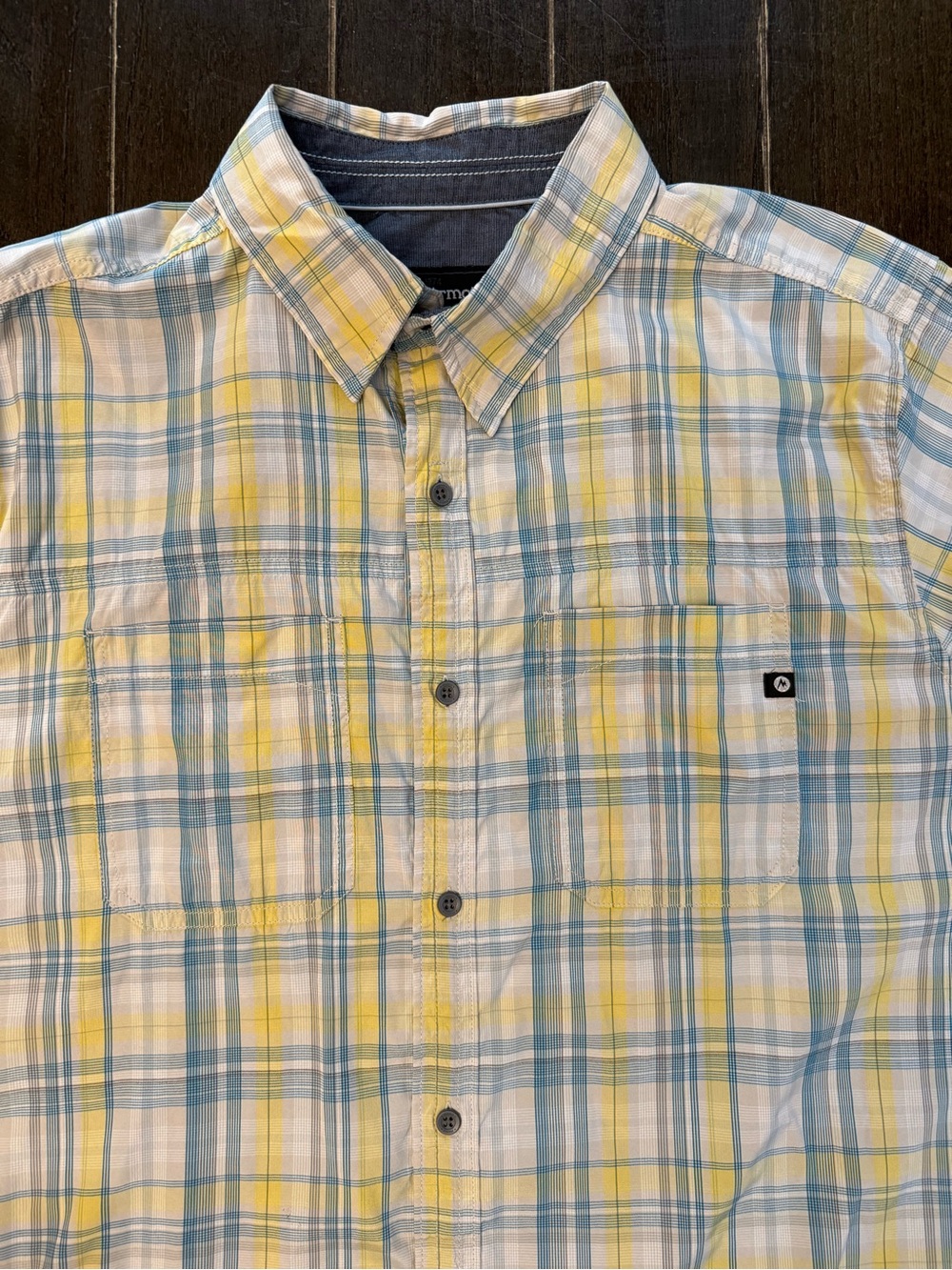Marmot Shirt Mens XL Plaid Short Sleeve Button Up Hiking Outdoor Yellow Blue
